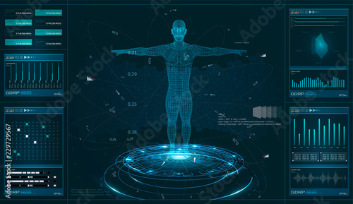 Medical Infographic HUD. Health and healthcare icons and Structure of human organs. Medical Infographic (Heart, lungs, stomach, kidney and human brain in 3D) Body Scanning 