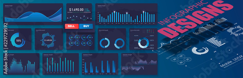  modern infographic vector template with statistics graphs and finance charts. Diagram template and chart graph, graphic information visualization illustration. Pie charts, workflow, web design, UI.