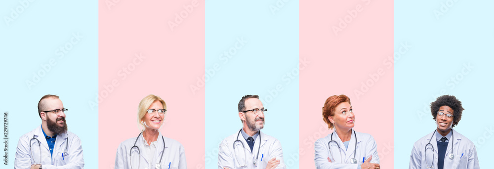 Fototapeta premium Collage of group professionals doctors wearing medical uniform over isolated background smiling looking side and staring away thinking.
