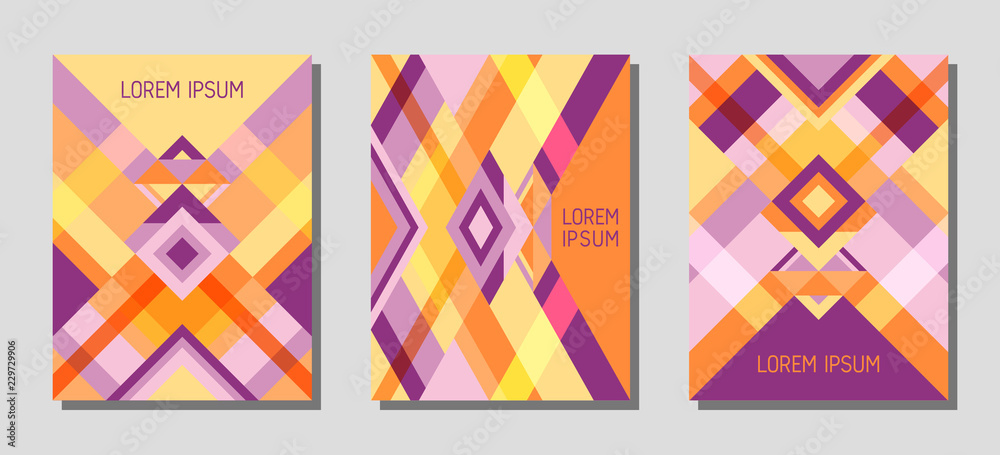 Cover page layout vector template geometric design with triangles and stripes pattern in orange violet.