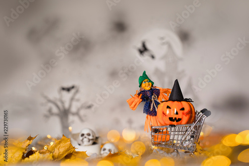 Witch and orange pumpkin in black hat in the small shopping cart. Closeup