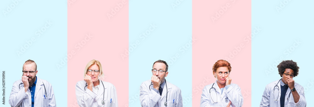 Fototapeta premium Collage of group professionals doctors wearing medical uniform over isolated background looking stressed and nervous with hands on mouth biting nails. Anxiety problem.