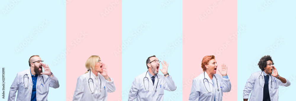 Fototapeta premium Collage of group professionals doctors wearing medical uniform over isolated background shouting and screaming loud to side with hand on mouth. Communication concept.