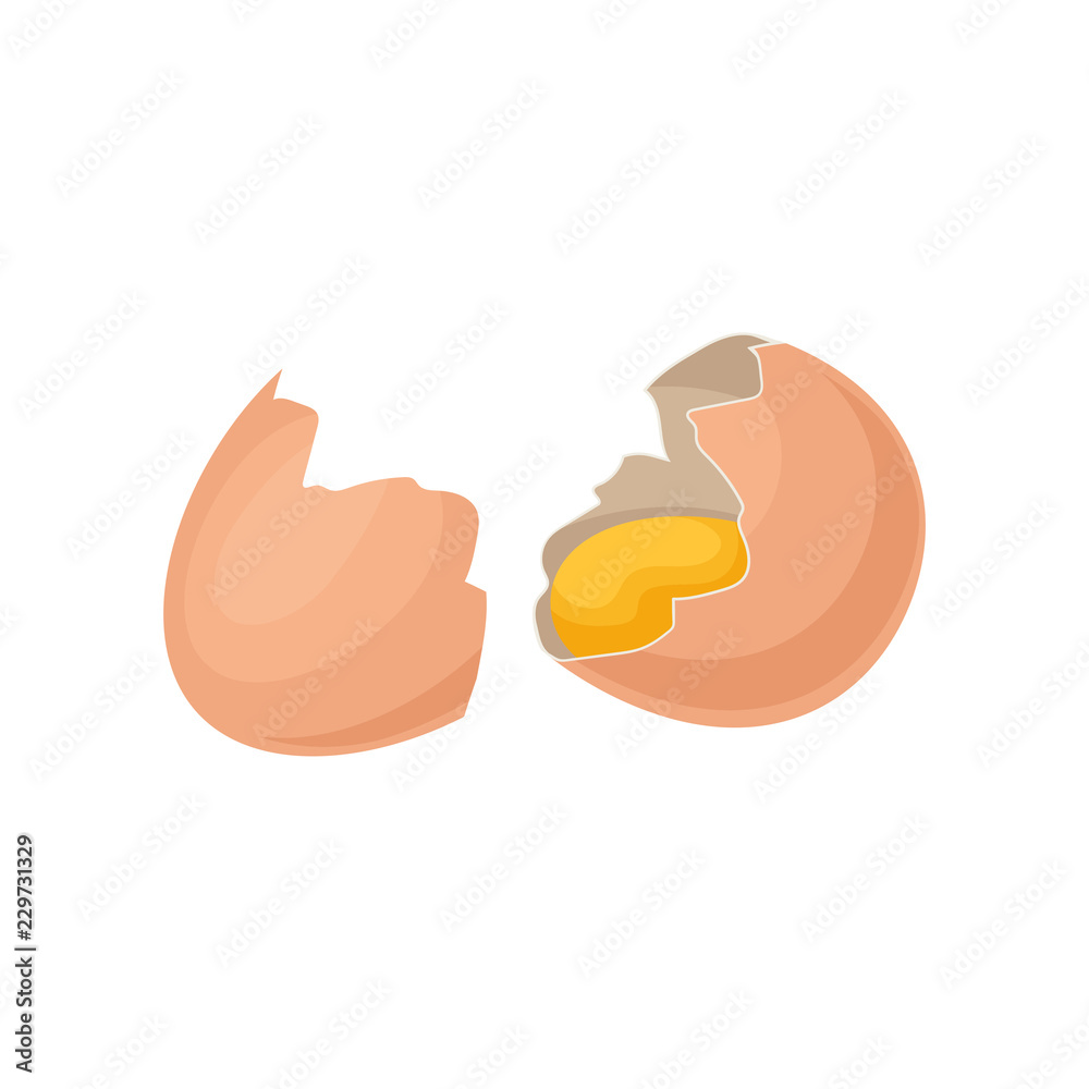 Raw chicken egg, yolk in broken brown shell. Fresh and natural farm product. Flat vector icon Raw chicken egg, yolk in broken brown shell. Fresh and natural farm product. Flat vector icon