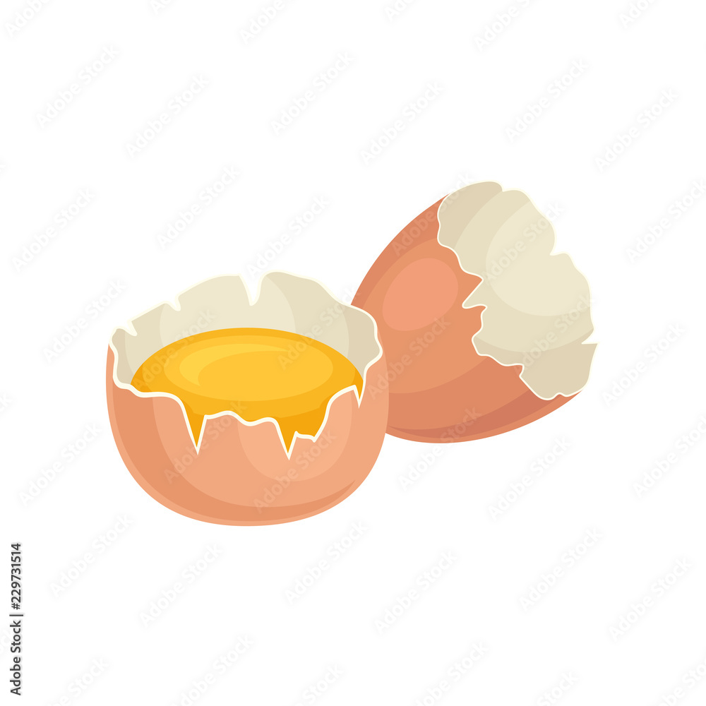 Yolk of chicken egg in broken shell. Fresh and healthy food. Eco product. Ingredient for cooking. Flat vector design