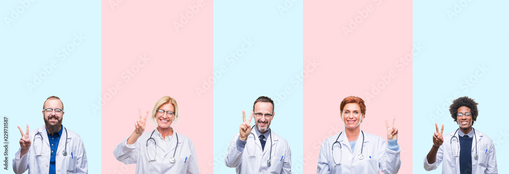 Fototapeta premium Collage of group professionals doctors wearing medical uniform over isolated background showing and pointing up with fingers number two while smiling confident and happy.
