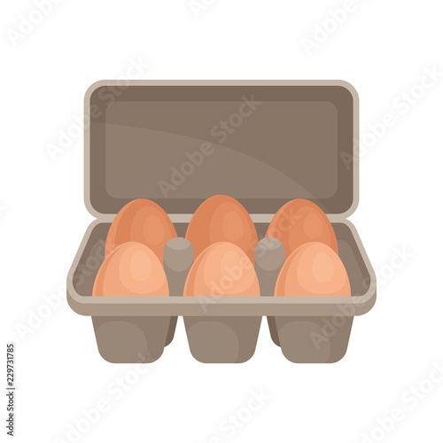 Raw eggs in cardboard container. Organic farm product. Food theme. Flat vector for advertising poster of grocery store