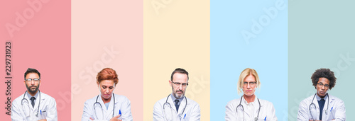 Collage of professional doctors over colorful stripes isolated background skeptic and nervous, disapproving expression on face with crossed arms. Negative person.