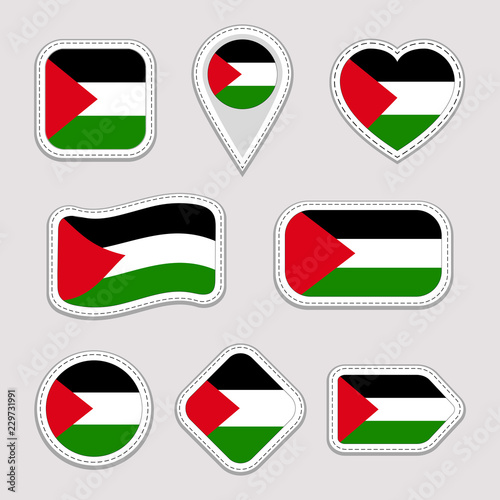 Palestine flag stickers set. Simple symbols badges. Isolated geometric icons. Vector Palestinian flags collection. Different shapes.