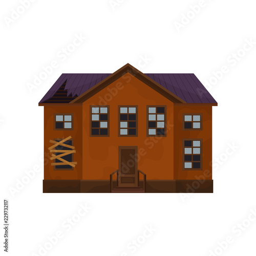 Old abandoned house with broken roof and windows. Exterior of big cottage. Two-storey building. Flat vector design