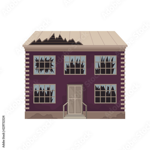 Old house with broken windows and destroyed roof. Purple abandoned building. Big two-storey cottage. Flat vector design