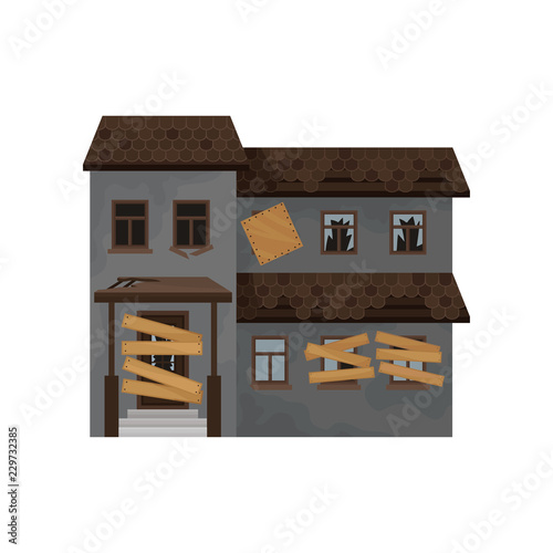 Big house with destroyed roof, boarded-up windows and door. Abandoned building. Facade of old cottage. Flat vector icon