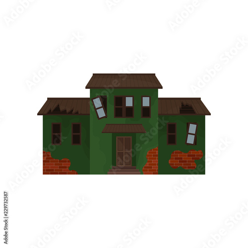 Abandoned brick home with green peeling paint, broken windows and roof. Old house. Facade of cottage. Flat vector design