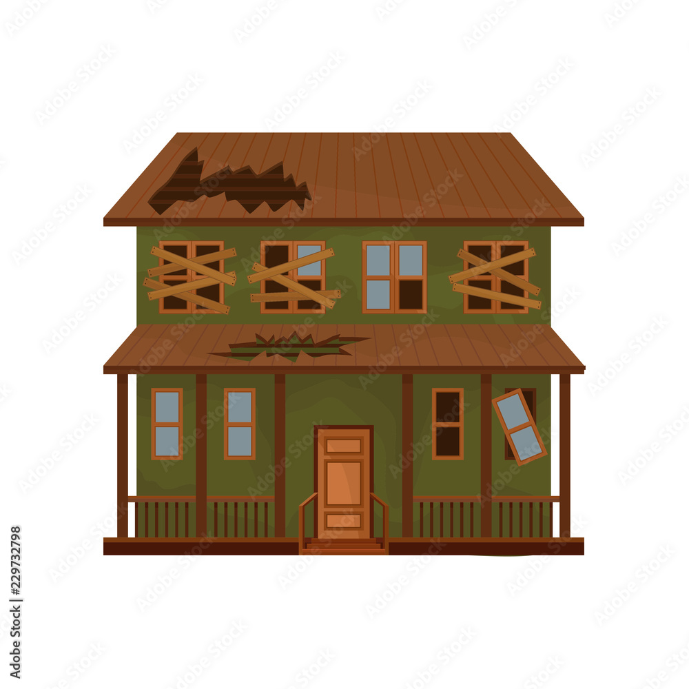 Green house with destroyed roof and boarded-up windows. Facade of old cottage. Abandoned building. Flat vector icon