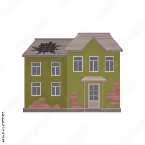 Old two-storey house with peeling paint and big hole in roof. Abandoned building. Flat vector illustration