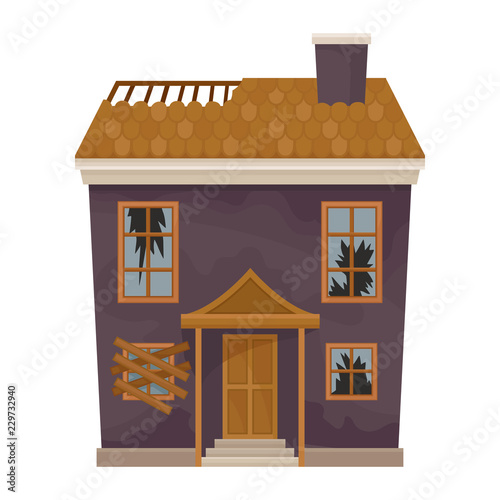 Two-storey purple house with destroyed roof and broken windows. Facade of old home. Abandoned building. Flat vector icon