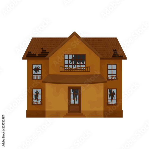 Two-storey brown house with destroyed roof, broken windows and door. Old abandoned cottage. Flat vector design