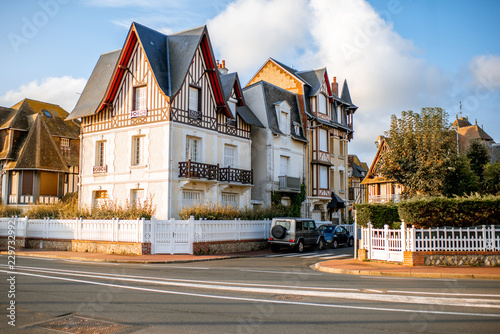 Street view of Deauvile village with beautiful buildings during the morning light in France