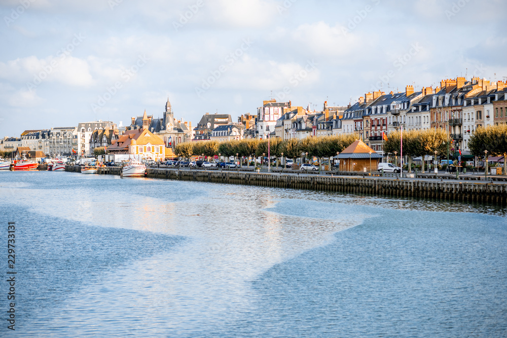 Landscape view on the riverside of trouville village, famous french resort in Normandy