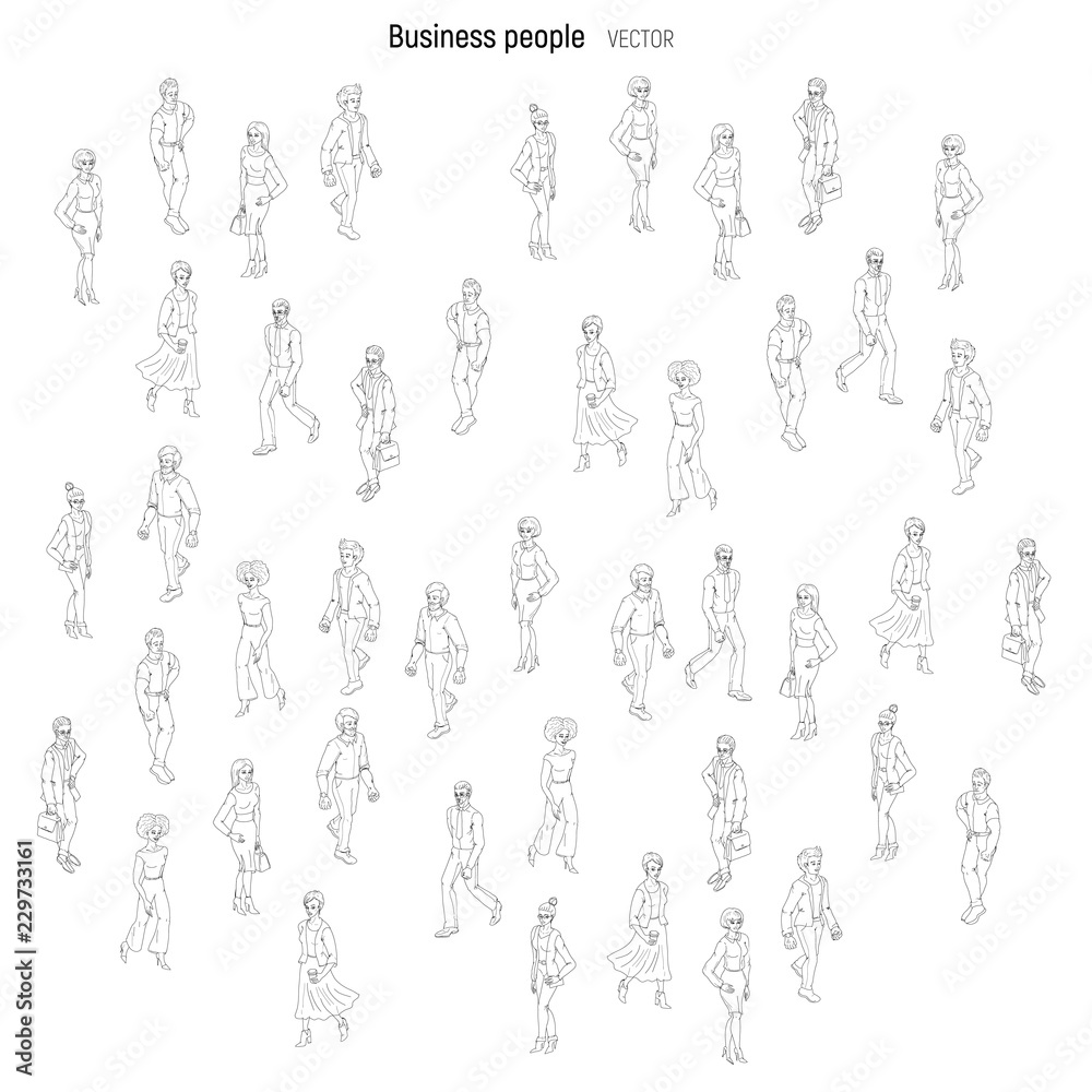 People crowd vevtor. Sketch outline black and white style illustration of young men and woman. Street style casual fashion isolated on white background.