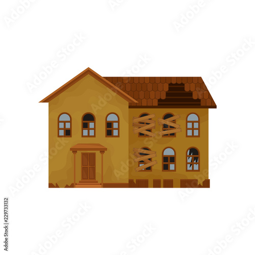 Two-storey house with broken roof and boarded-up windows. Old abandoned building. Architecture theme. Flat vector icon