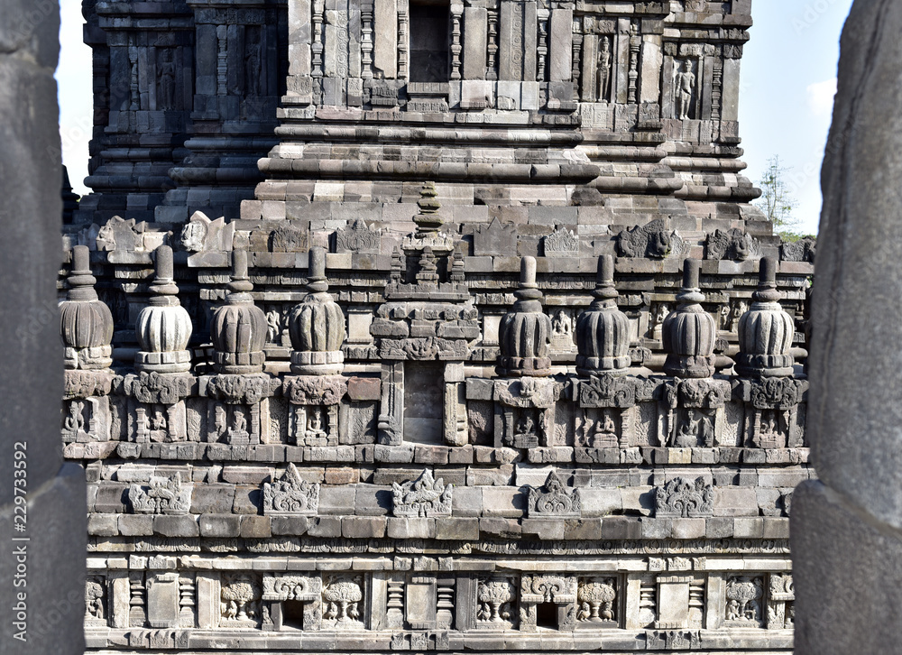 Prambanan, Details of Hindu carvings on the sides of the temples, Yogyakarta, Indonesia