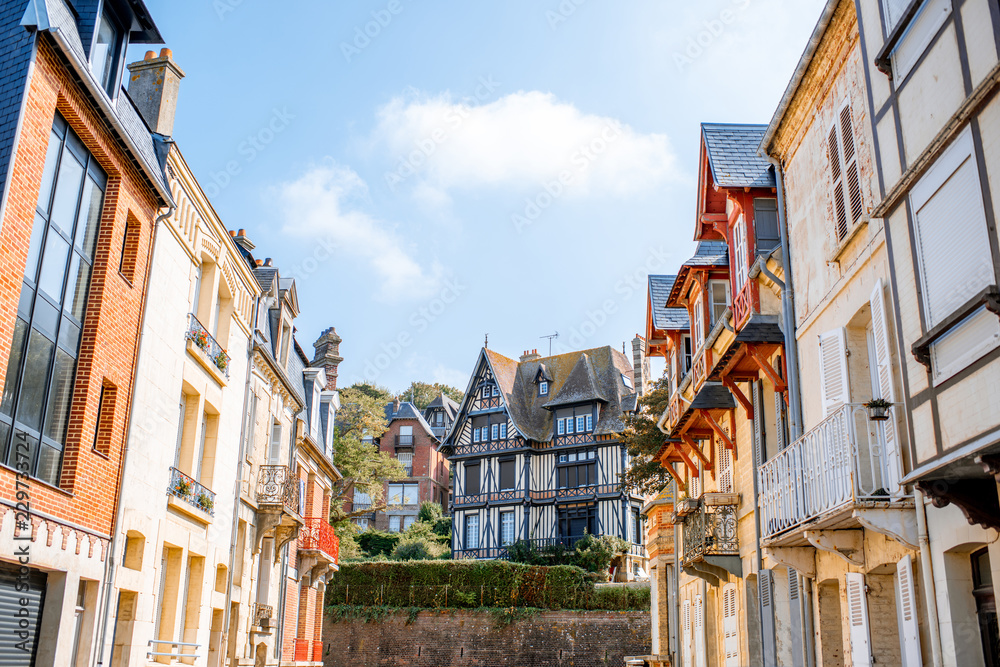 Obraz premium Street view with colorful buildings in Trouville, Famous french town in Normandy