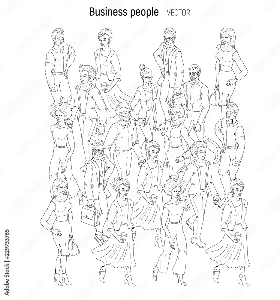 People crowd vevtor. Sketch outline black and white style illustration of young men and woman. Street style casual fashion isolated on white background.