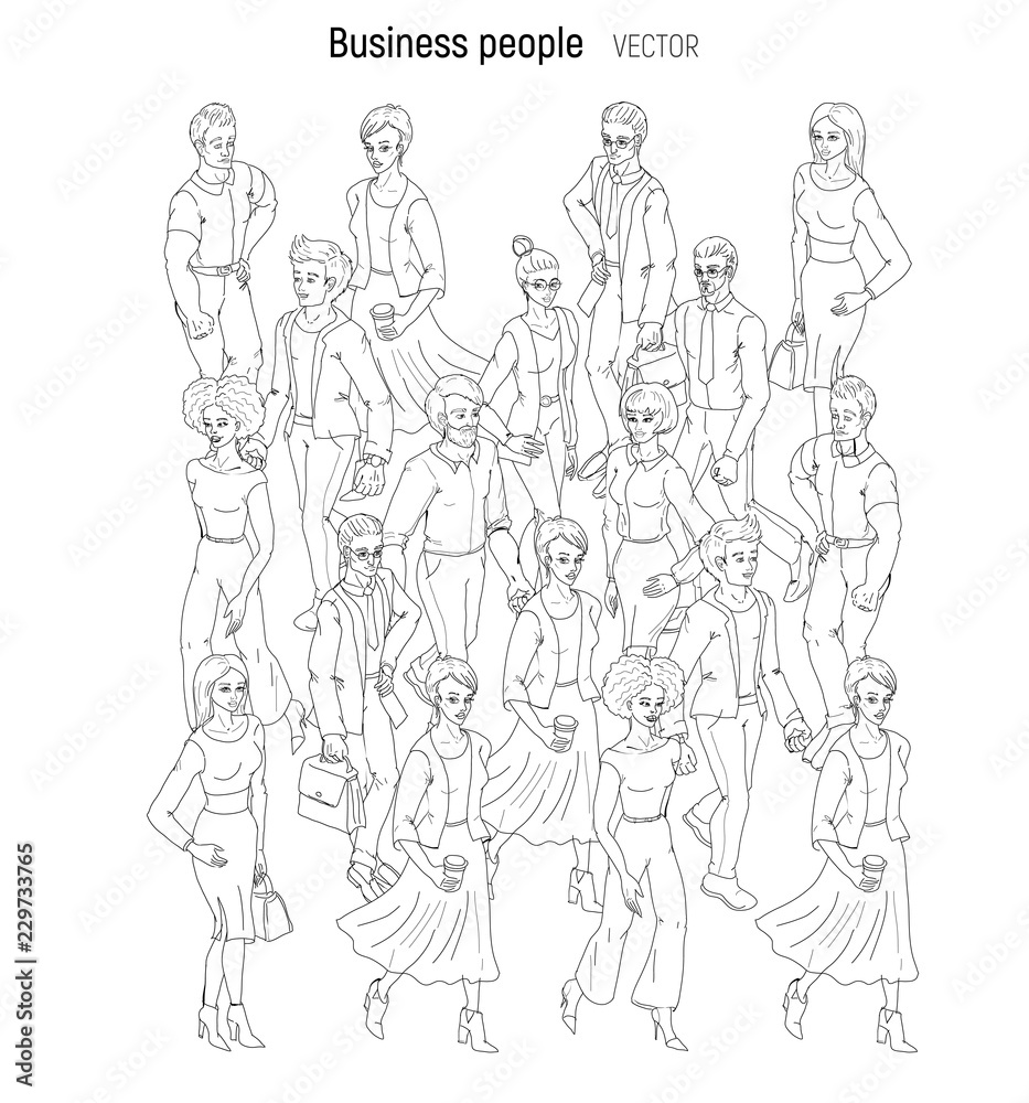People crowd vevtor. Sketch outline black and white style illustration of young men and woman. Street style casual fashion isolated on white background. People crowd vevtor. Sketch outline black and white style illustration of young men and woman. Street style casual fashion isolated on white background.