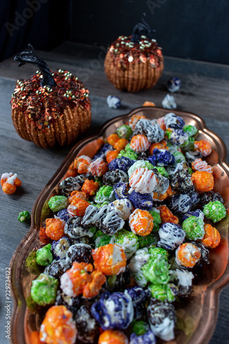 Halloween multi-colored popcorn party dish