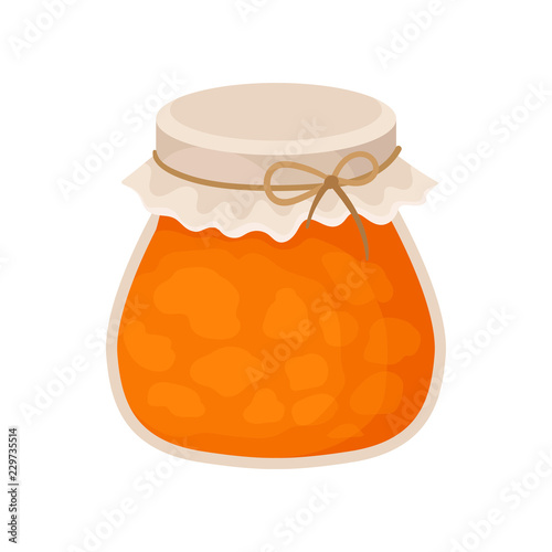 Pumpkin jam jar, homemade sweet jelly dessert vector Illustration on a white background