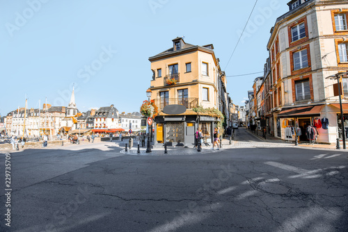 Street view with old buildings in Honfleur, famous french town in Normandy