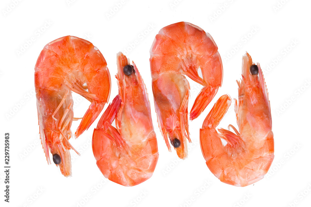Group of fresh red boiled cooked shrimps isolated on white background