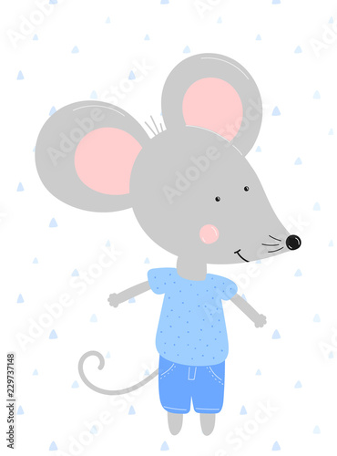 Vector illustration of a mouse boy in blue clothes on a background of triangles. Concept for holidays, baby shower, birthday, wrappers, print, clothes, cards, banner, textile, flyer.