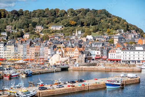 Aerial view on the port and old town of Honfleur, famous french city in Normandy