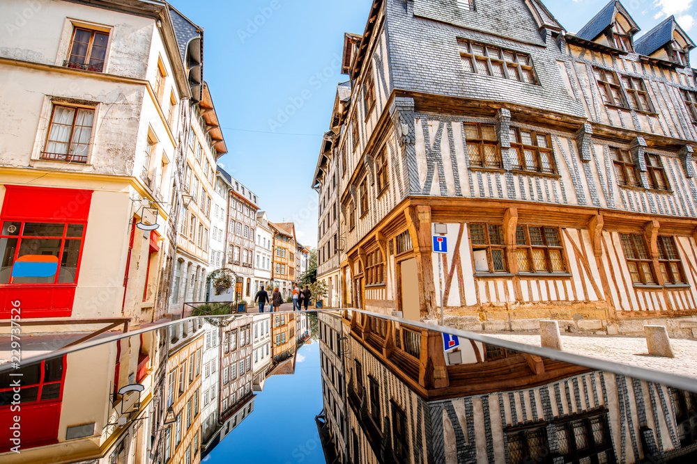 Beautiful colorful half-timbered houses in Rouen city, the capital of Normandy region in France