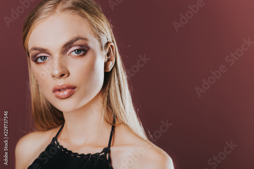 Nude makeup. Cosmetologist. Portrait. Stylish makeup. Рortrait of beautiful young woman with clean and fresh skin. Nude makeup. Concept for cosmetology ads with copy space, beauty magazine and spa.