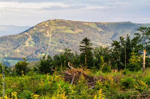 Fototapeta Naklejka Na Ścianę i Meble -  View of Polish mountain Skrzyczne from Beskidy Mountains - Klimczok peak (Beskid Slaski). Beskid Slaski is a part of Karpaty (Carpathian mountains). Europe