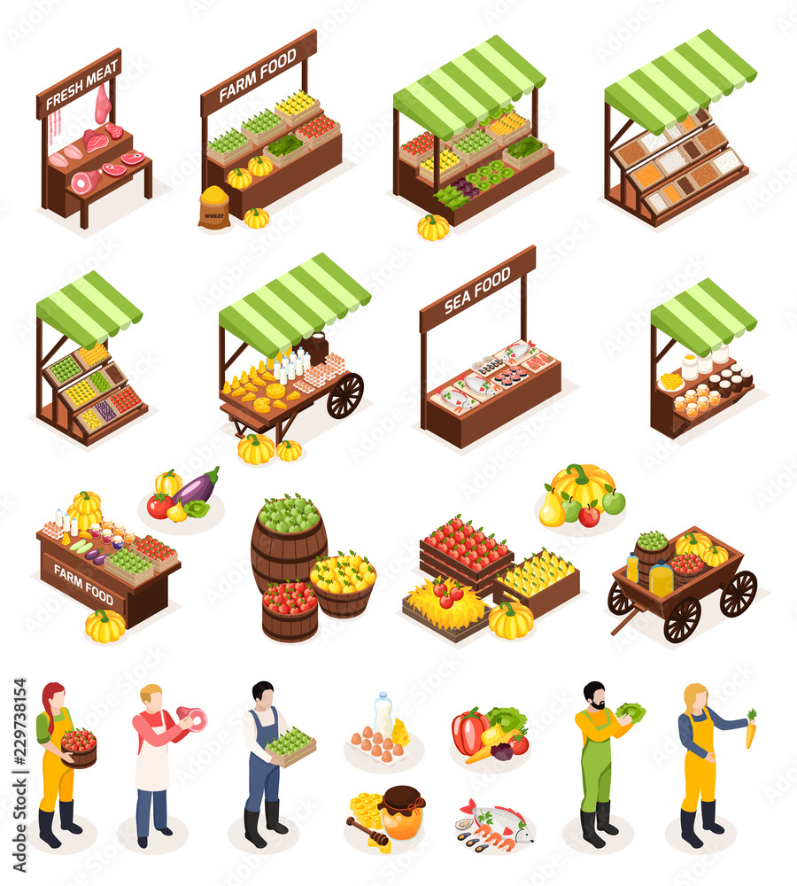 Farmer Market Isometric Icons Set Stock Vector | Adobe Stock