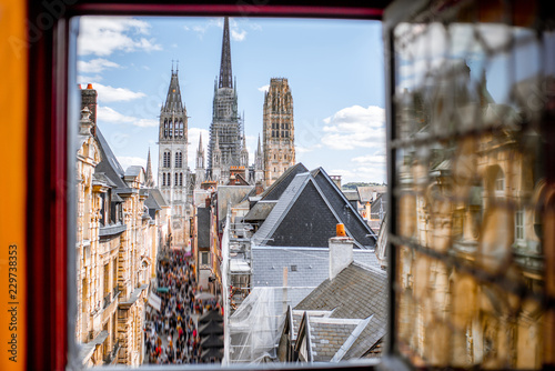 Aerial citysape view from the window of Rouen with famous cathedral during the sunny day in Normandy, France photo