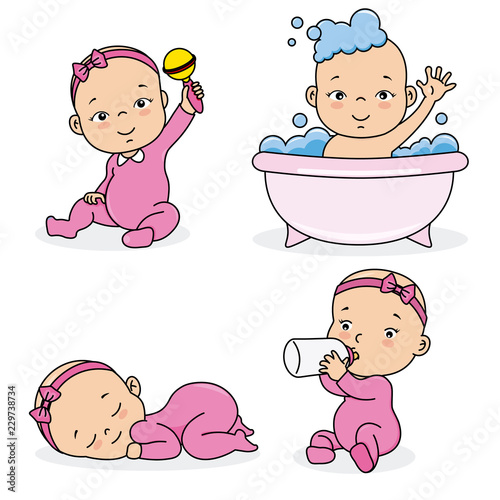 set baby girl playing, eating, sleeping and bathing. Vector isolated