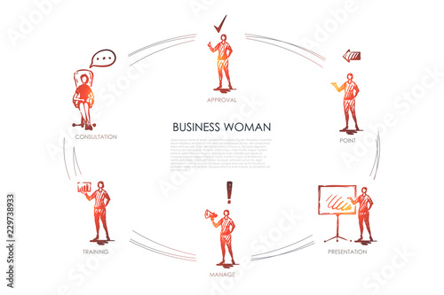 Business woman - consultation, trainig, manage, presentation, point, approval vector concept set photo