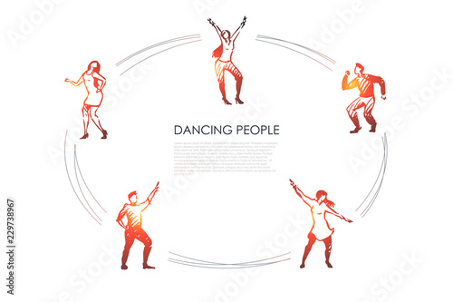 Dancing people - men and women in different dancing poses vector concept set