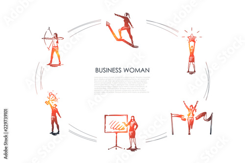 Business woman - women with star in hands, archery, with trophy, crossing finish, climbing on arrow up vector concept set