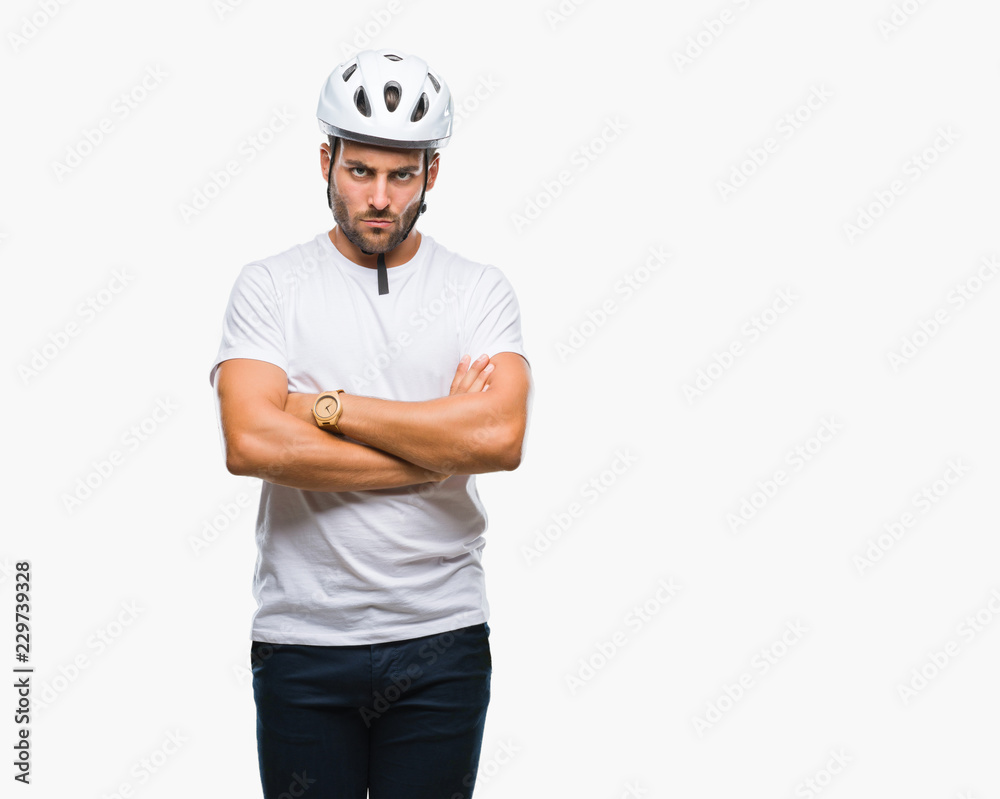 Young handsome man wearing cyclist safety helmet over isolated background skeptic and nervous, disapproving expression on face with crossed arms. Negative person. Young handsome man wearing cyclist safety helmet over isolated background skeptic and nervous, disapproving expression on face with crossed arms. Negative person.
