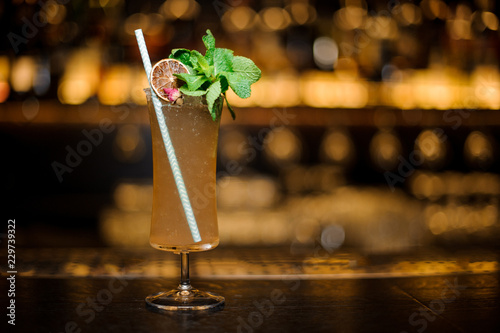 Cocktail glass filled with tasty Sherry Cobbler drink decorated with mint, straw and orange slice