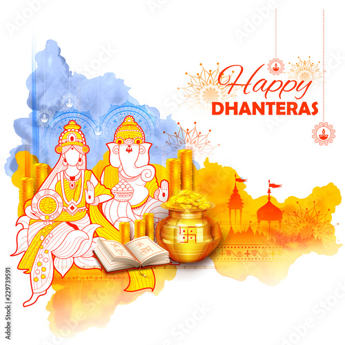 Gold coin in pot for Dhanteras celebration on Happy Dussehra light festival of India background