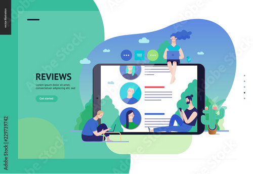 Business series, color 3 - reviews -modern flat vector illustration concept of people writing reviews and the review page on the tablet screen. Creative landing page or company product design template