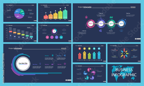 Inforgraphic slide templates for business presentation can be used for annual report, web design, workflow layout. Global business concept. Process, option charts, flowchart, bar graph, donut chart