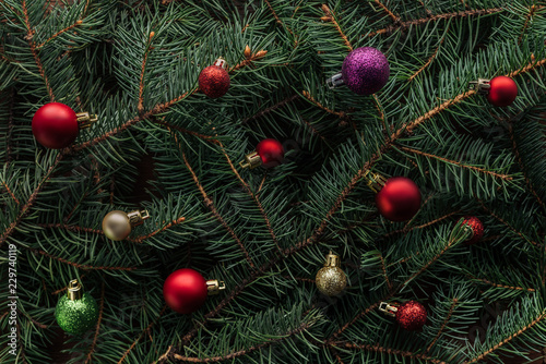 full frame of colorful christmas toys on green pine tree branches © LIGHTFIELD STUDIOS